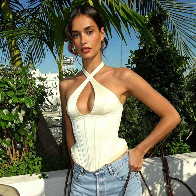 Women Top Floral Printed Spaghetti Strap Corset Top U-Neck Fishbone Boned Cinched Waist Irregular Hem Retro Vacation Camisole