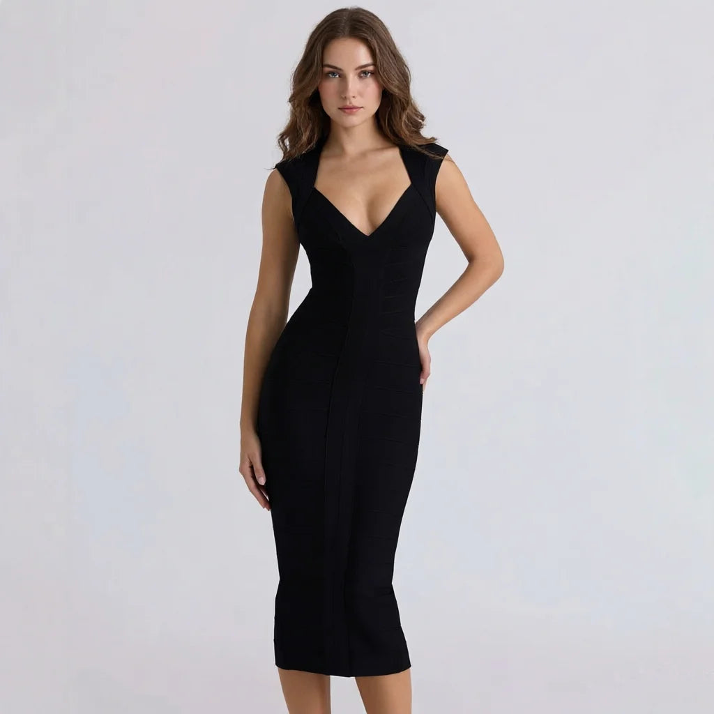 BEAUKEY Luxury Sexy Plunge V Bandage Long Dress Women Striped  Bodyocn  Party Celebrity Evening Dress Elastic Knitted Vestidos