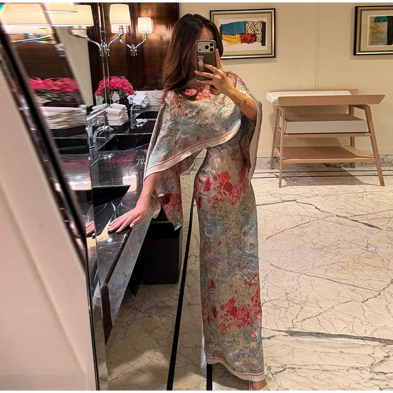 Women Tropical Leaf Print Cape Two Piece Set Batwing Loose Top High Waist Maxi Dress 2026 Summer Fashion Vacation Casual Suit