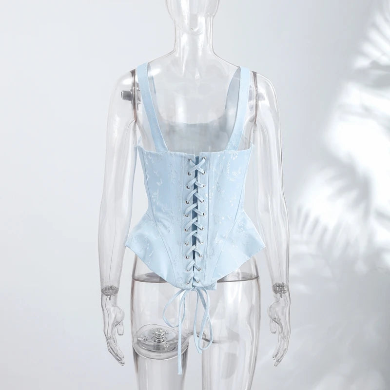 Women Top Floral Printed Spaghetti Strap Corset Top U-Neck Fishbone Boned Cinched Waist Irregular Hem Retro Vacation Camisole