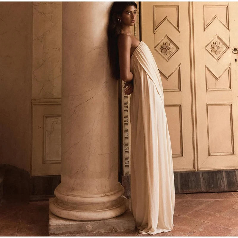 Sexy Pleated Strapless Maxi Dress Women Chic Solid Sleeveless Backless Loose Long Dresses 2026 Summer Lady Vacation Beach Outfit
