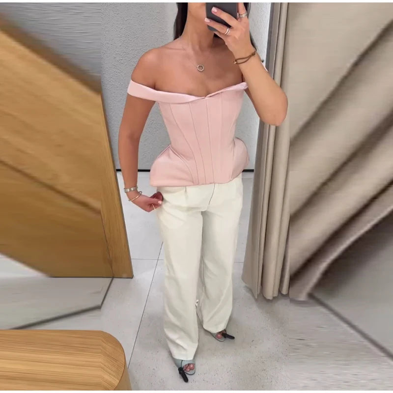 Elegant Off Shoulder Blue Tube Top Women's Contrast Lace Up Waist Cinched Corset Tops 2026 Summer New Lady Fashion Streetwear