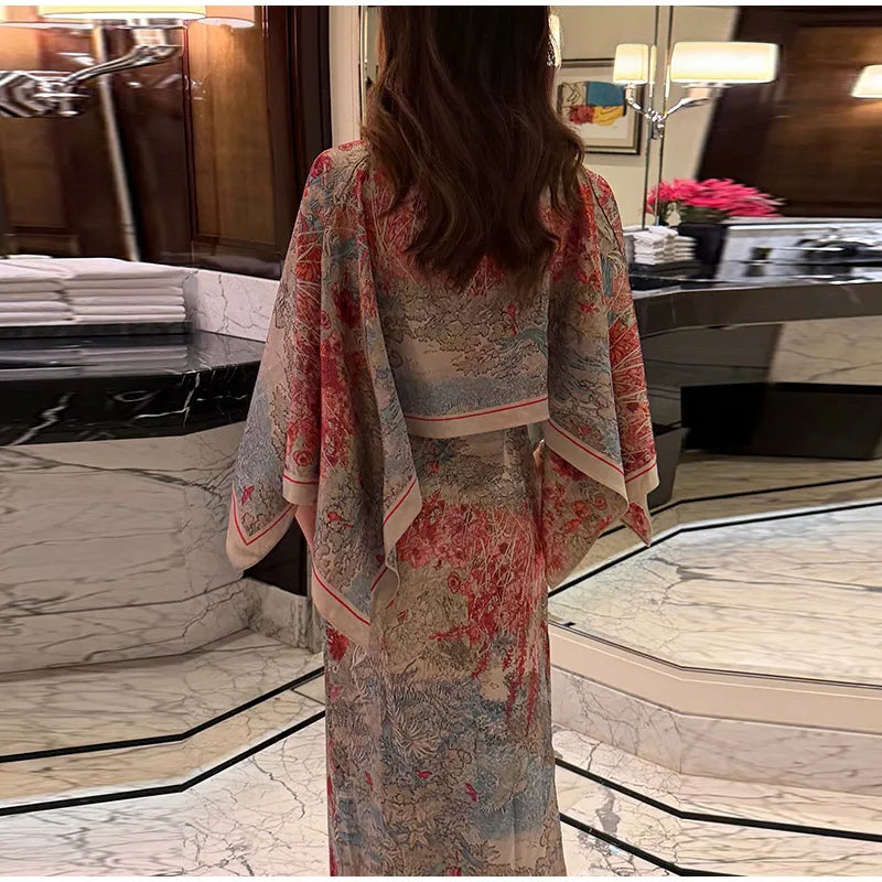 Women Tropical Leaf Print Cape Two Piece Set Batwing Loose Top High Waist Maxi Dress 2026 Summer Fashion Vacation Casual Suit