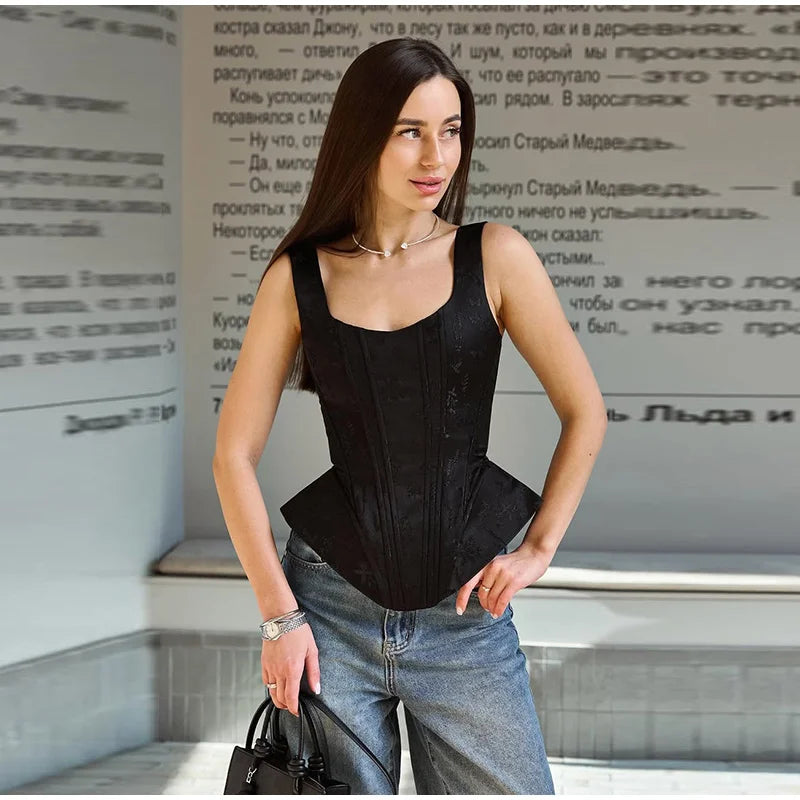 Women Top Floral Printed Spaghetti Strap Corset Top U-Neck Fishbone Boned Cinched Waist Irregular Hem Retro Vacation Camisole