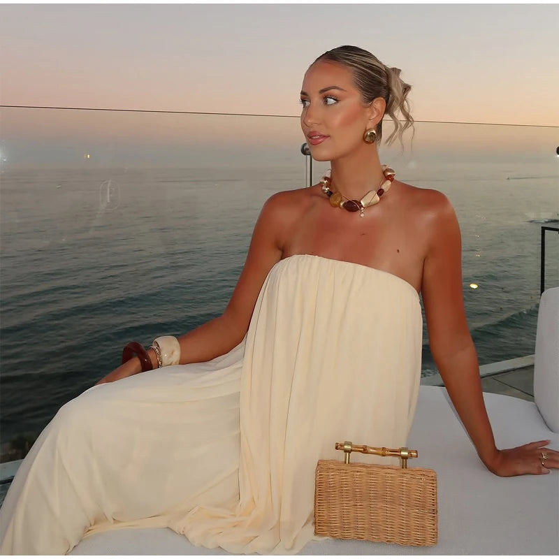 Sexy Pleated Strapless Maxi Dress Women Chic Solid Sleeveless Backless Loose Long Dresses 2026 Summer Lady Vacation Beach Outfit
