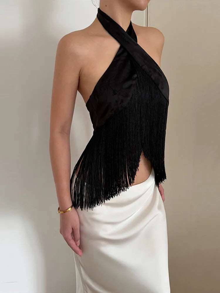 Solid Satin Women Fringe Top Cross Halter Neck Sleeveless Off Shoulder Backless Fashion Crop Tank Tops 2026 Summer Chic Outfits