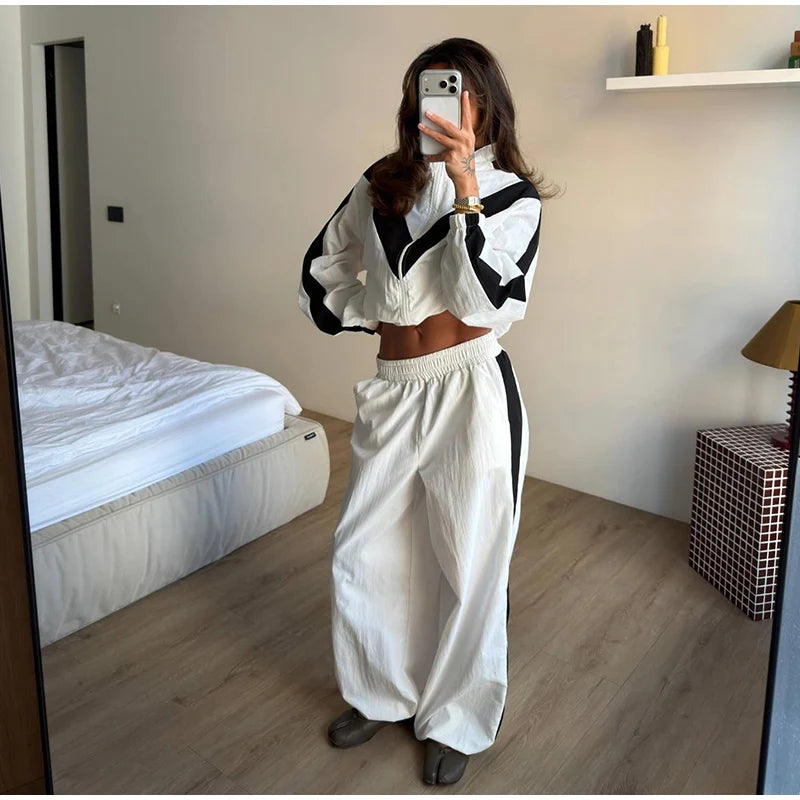 Fashion Color Block 2 Piece Tracksuit Women's Stand Collar Zip Lightweight Jacket Loose Mini Shorts 2026 New Lady Casual Outfit