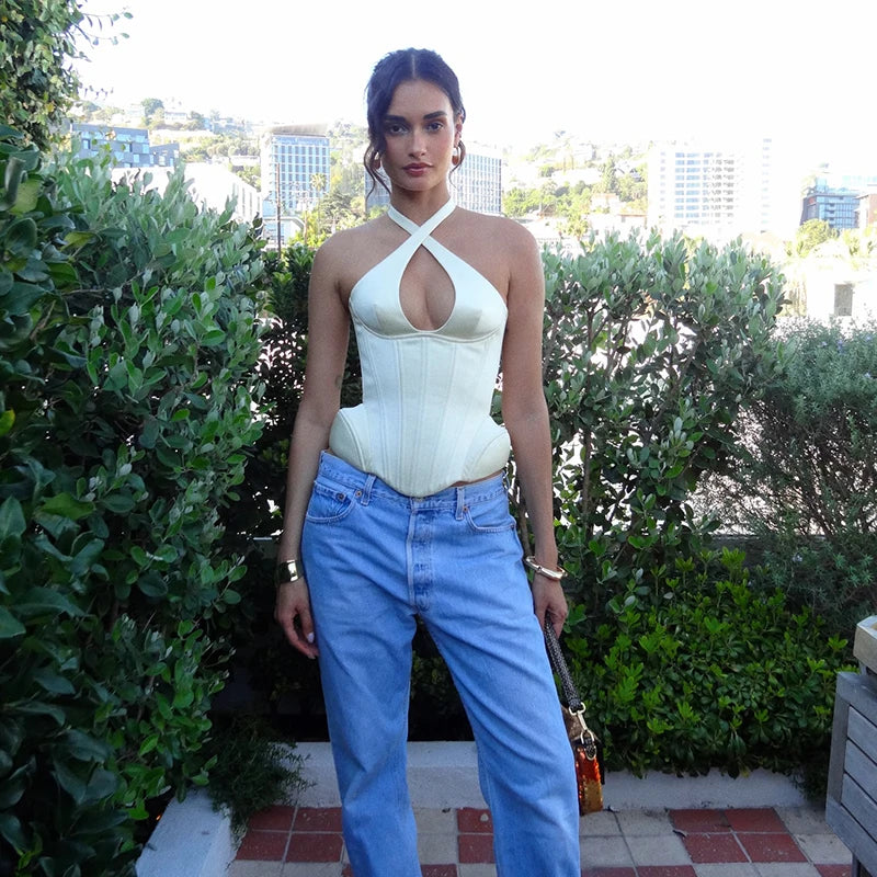 Women Top Floral Printed Spaghetti Strap Corset Top U-Neck Fishbone Boned Cinched Waist Irregular Hem Retro Vacation Camisole
