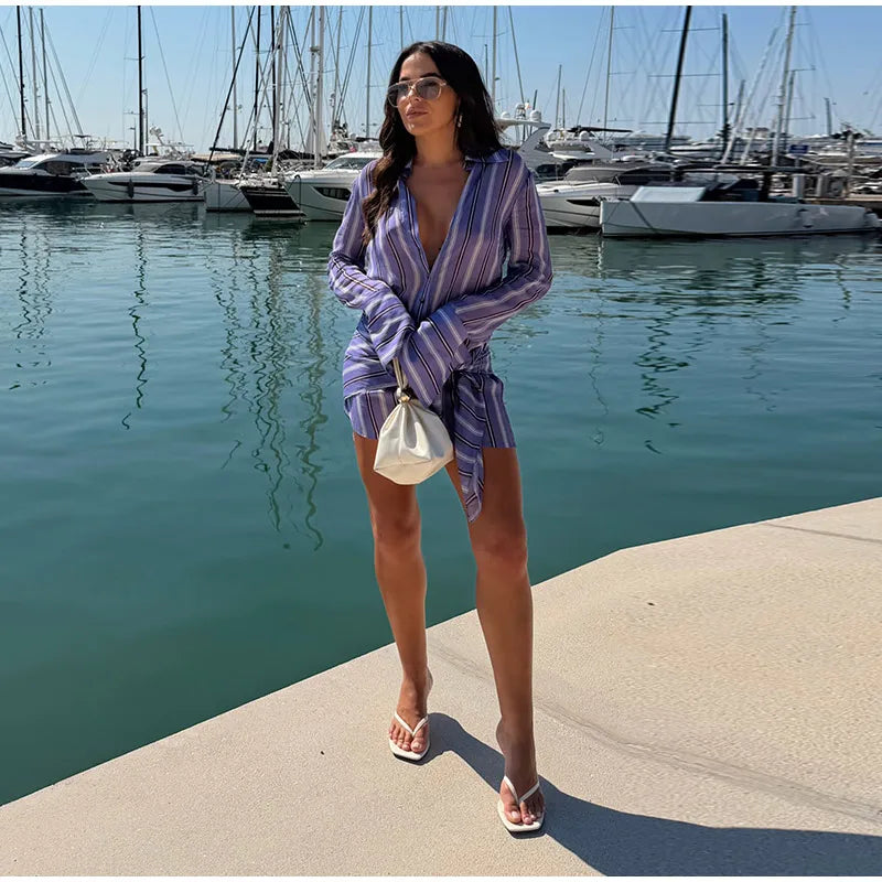 Stripe Wrap Tie Shirt Mini Dress Lapel Collar Long Flare Sleeve Loose Casual Dresses 2026 Summer Beach Vacation Fashion Outfit