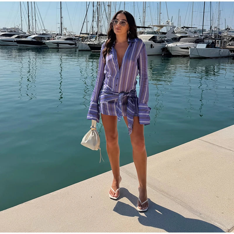 Stripe Wrap Tie Shirt Mini Dress Lapel Collar Long Flare Sleeve Loose Casual Dresses 2026 Summer Beach Vacation Fashion Outfit