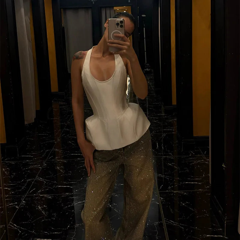 Elegant Off Shoulder Blue Tube Top Women's Contrast Lace Up Waist Cinched Corset Tops 2026 Summer New Lady Fashion Streetwear