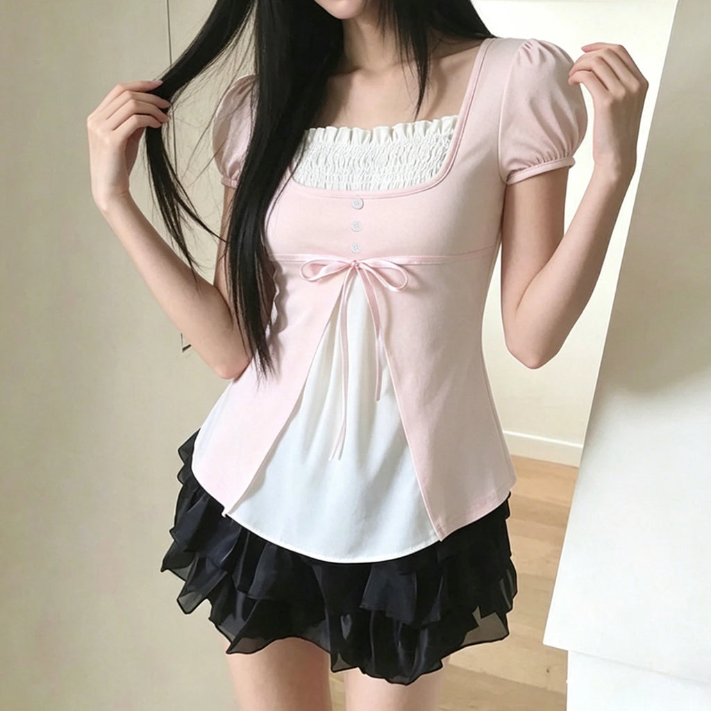[RUOKE] Casual Y2K Contrast Color Top Women Spring Summer Square Neck Puff Sleeve Bow Slim A-line Babydoll Blouse Sweet Coquette