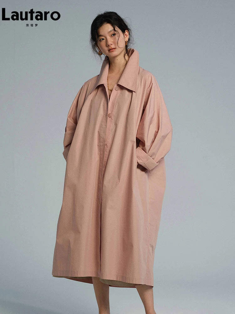 Lautaro Spring Autumn Long Oversized Thin Pink Trench Coat for Women Single Breasted Elegant Chic Luxury Designer Clothing 2026