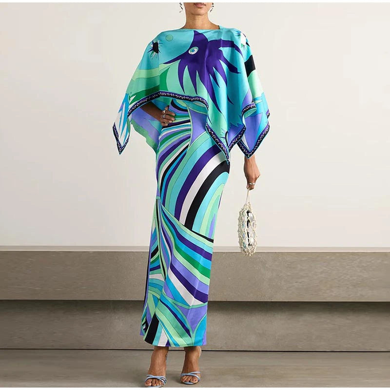 Women Tropical Leaf Print Cape Two Piece Set Batwing Loose Top High Waist Maxi Dress 2026 Summer Fashion Vacation Casual Suit