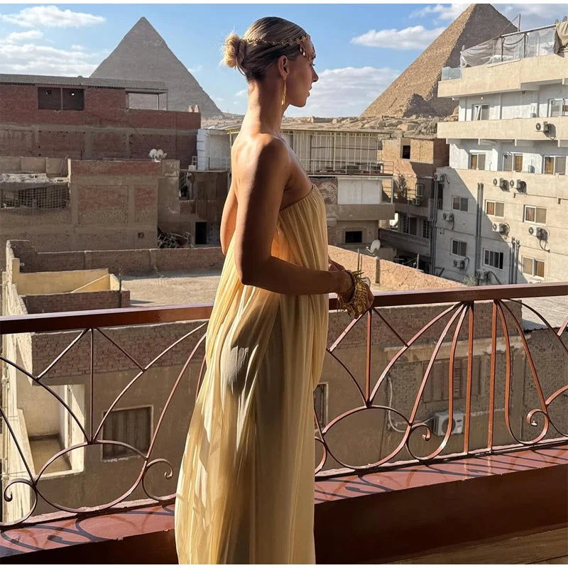 Sexy Pleated Strapless Maxi Dress Women Chic Solid Sleeveless Backless Loose Long Dresses 2026 Summer Lady Vacation Beach Outfit