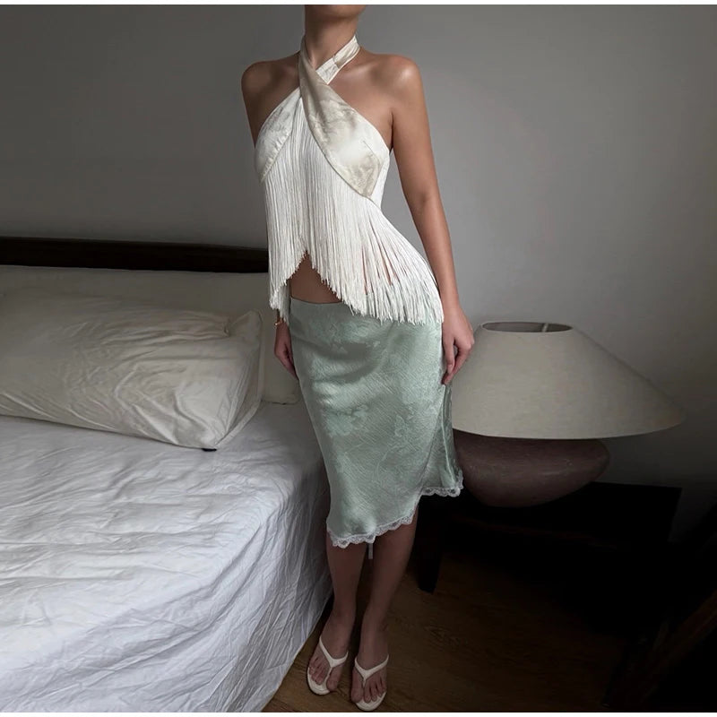 Solid Satin Women Fringe Top Cross Halter Neck Sleeveless Off Shoulder Backless Fashion Crop Tank Tops 2026 Summer Chic Outfits