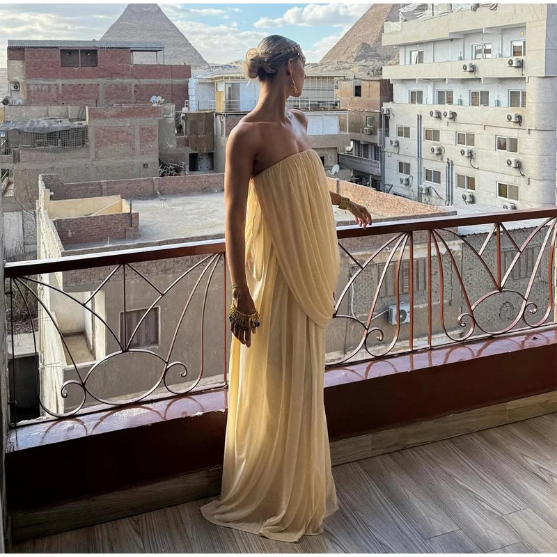 Sexy Pleated Strapless Maxi Dress Women Chic Solid Sleeveless Backless Loose Long Dresses 2026 Summer Lady Vacation Beach Outfit