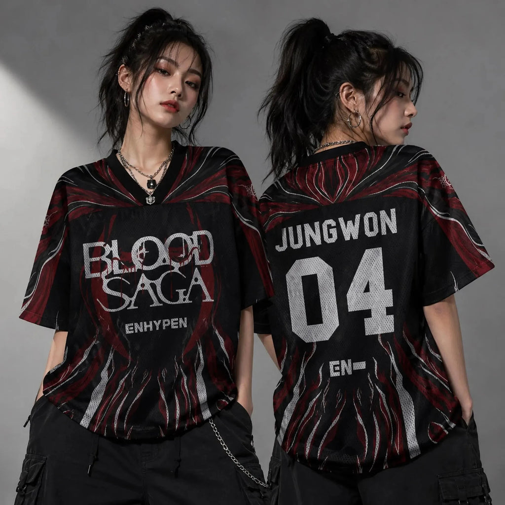ENHYPEN NI-KI 10 Flame Mesh Jersey Tee Blood Saga Red Flame Full Print V Neck Oversized Kpop Fan Concert Breathable Street Top
