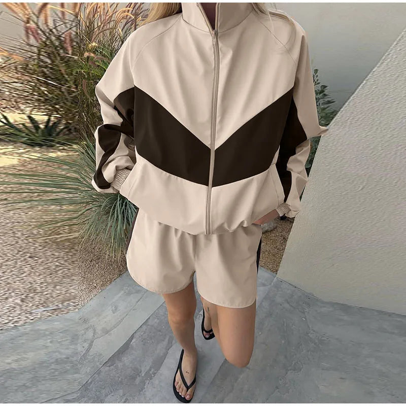 Fashion Color Block 2 Piece Tracksuit Women's Stand Collar Zip Lightweight Jacket Loose Mini Shorts 2026 New Lady Casual Outfit