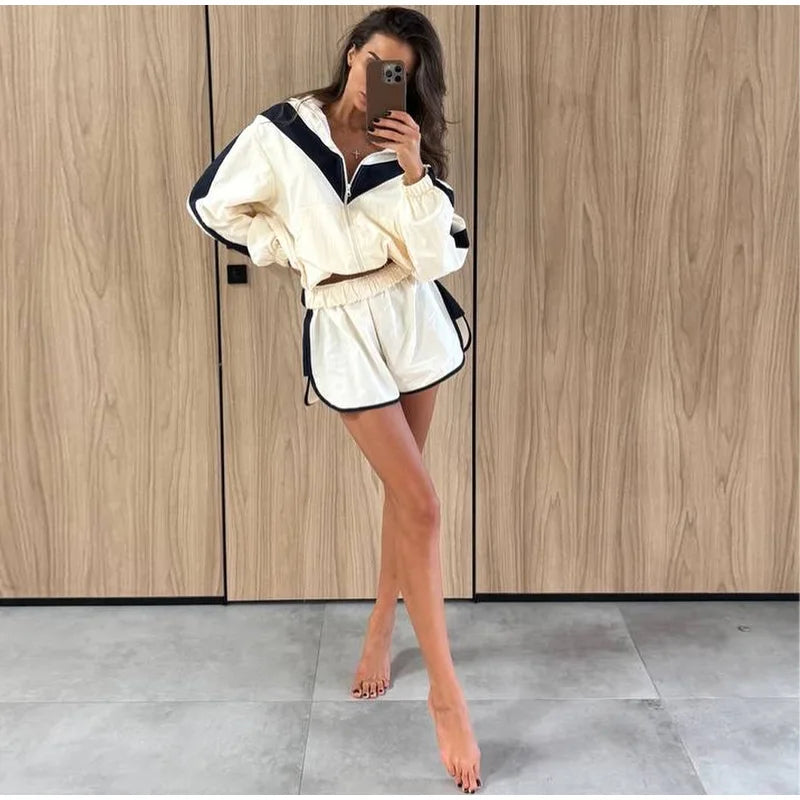 Fashion Color Block 2 Piece Tracksuit Women's Stand Collar Zip Lightweight Jacket Loose Mini Shorts 2026 New Lady Casual Outfit