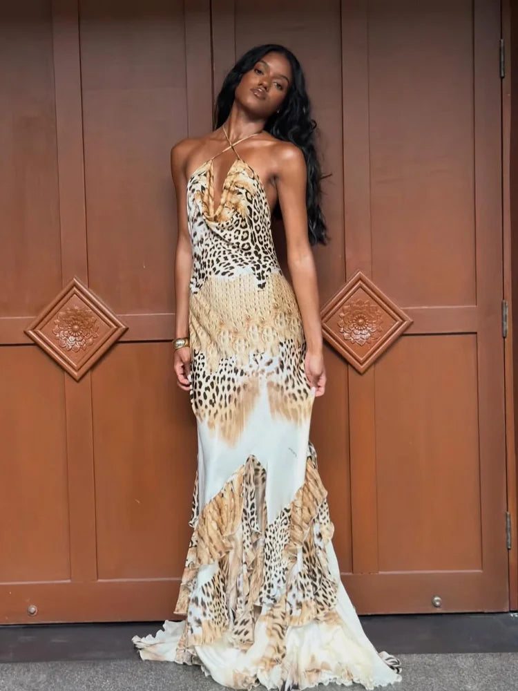 Women's Leopard Print Long Maxi Dress Halter Neck Plunge Front Tiered Ruffle Mermaid Skirt Elegant Party Cocktail Daily Gowns