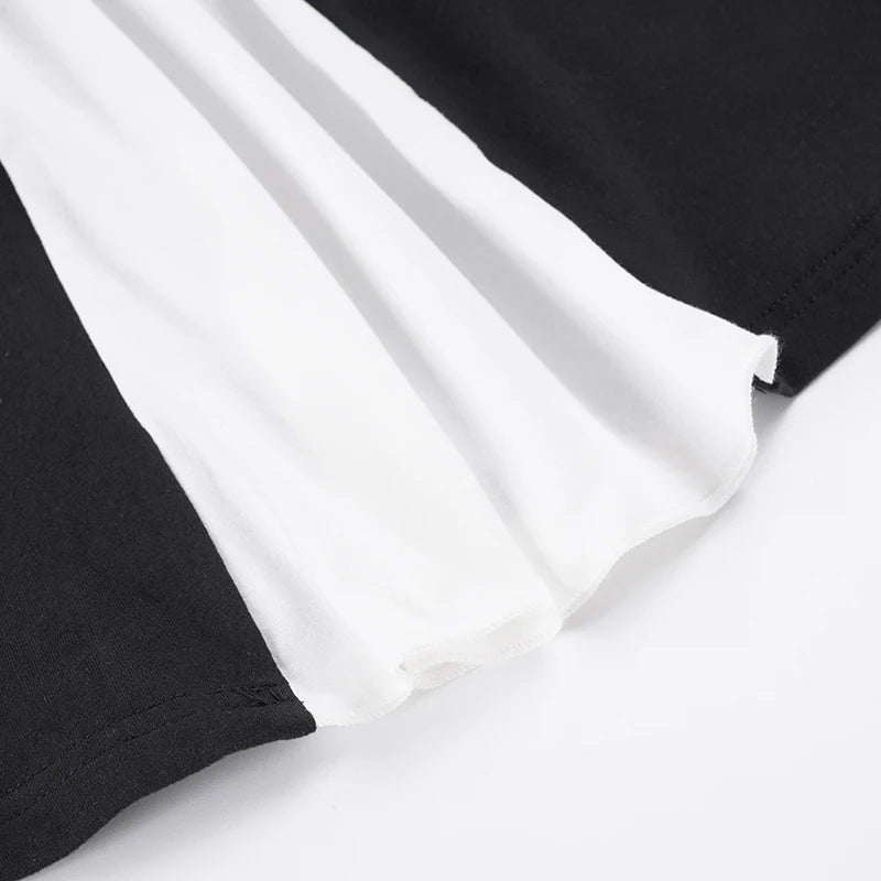 [RUOKE] Casual Y2K Contrast Color Top Women Spring Summer Square Neck Puff Sleeve Bow Slim A-line Babydoll Blouse Sweet Coquette