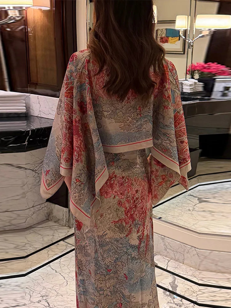 Women Tropical Leaf Print Cape Two Piece Set Batwing Loose Top High Waist Maxi Dress 2026 Summer Fashion Vacation Casual Suit