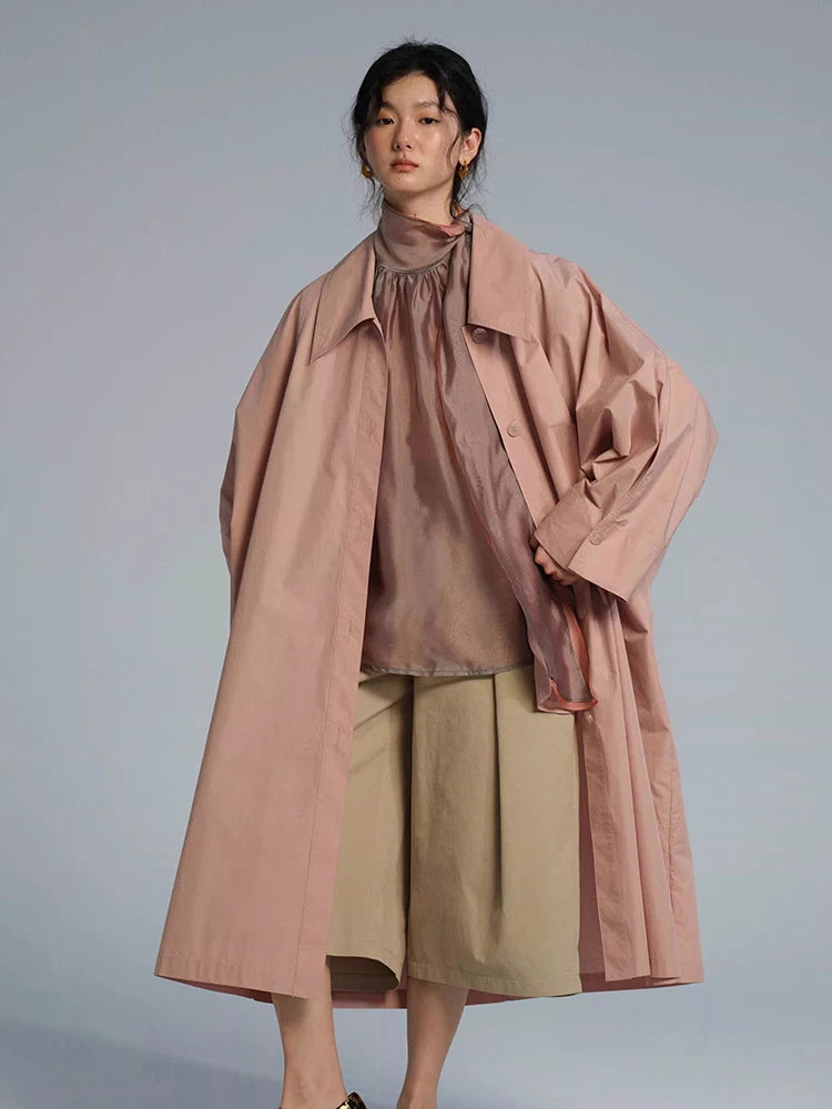 Lautaro Spring Autumn Long Oversized Thin Pink Trench Coat for Women Single Breasted Elegant Chic Luxury Designer Clothing 2026