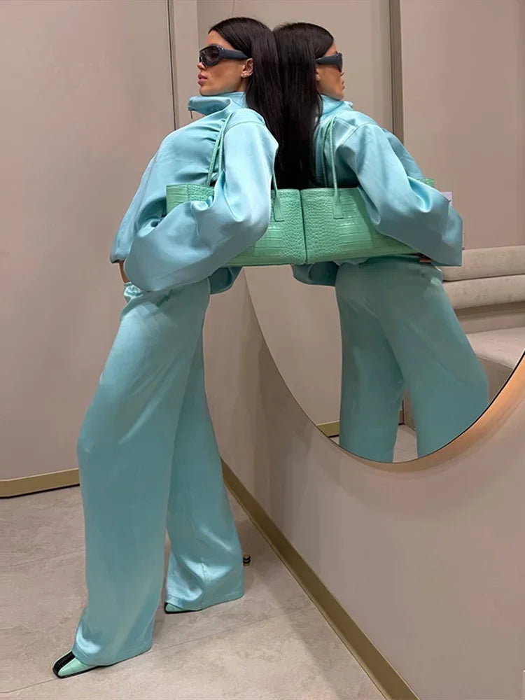 Women Satin Stand Collar Loose Jacket 2 Piece Set Long Sleeve Zip Coat Elastic Waist Pants Matching Co Ord 2026 Casual Outfits