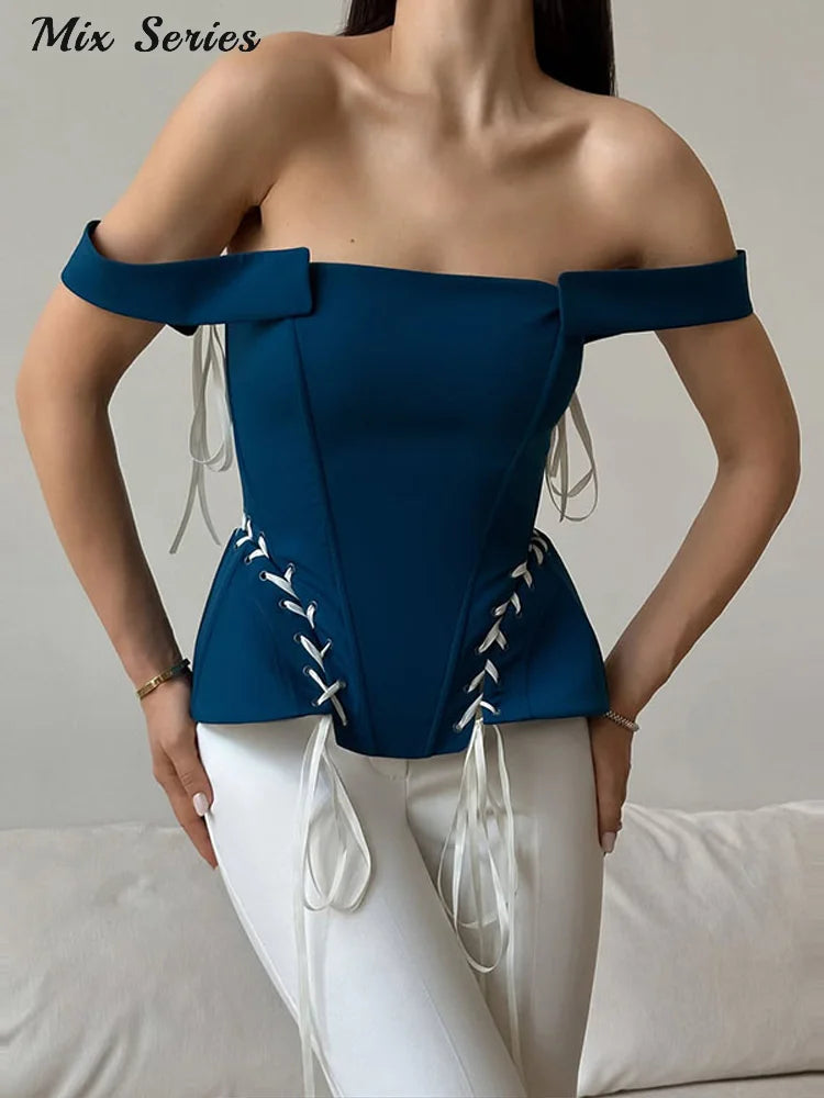 Elegant Off Shoulder Blue Tube Top Women's Contrast Lace Up Waist Cinched Corset Tops 2026 Summer New Lady Fashion Streetwear