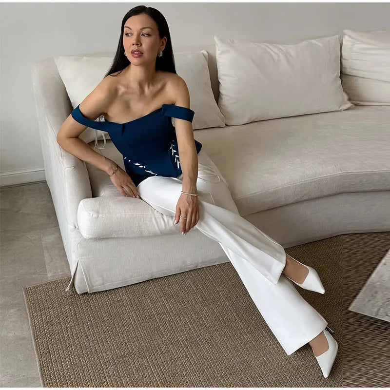 Elegant Off Shoulder Blue Tube Top Women's Contrast Lace Up Waist Cinched Corset Tops 2026 Summer New Lady Fashion Streetwear