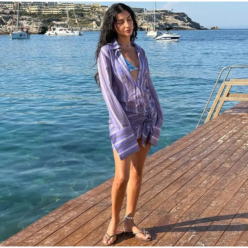 Stripe Wrap Tie Shirt Mini Dress Lapel Collar Long Flare Sleeve Loose Casual Dresses 2026 Summer Beach Vacation Fashion Outfit
