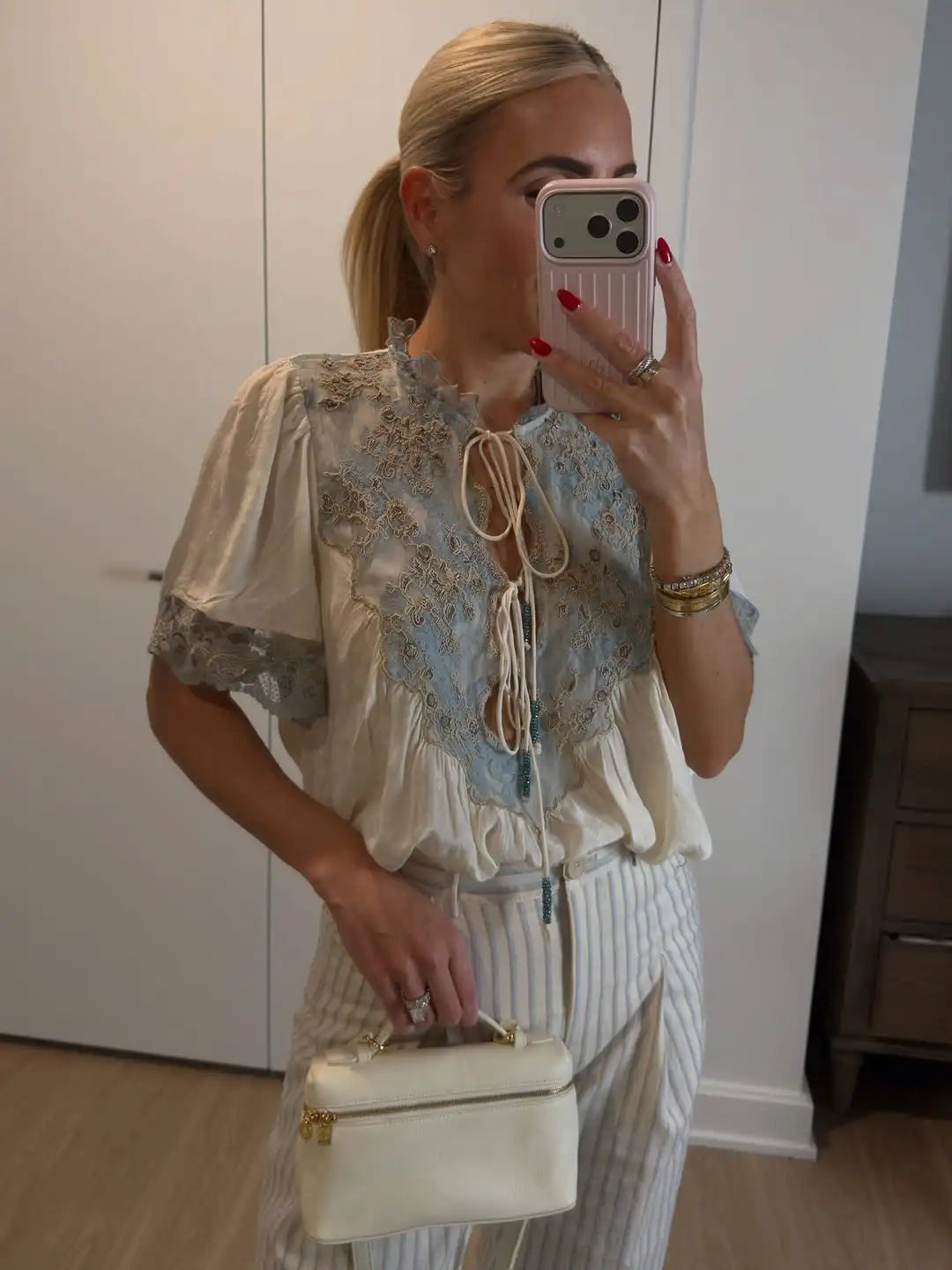 Floral Stamp Lace Patchwork Blouse Ruffle Neck Tie Front Puff Short Sleeve Loose Boho Shirt Women's Casual Vacation Top 2026 New