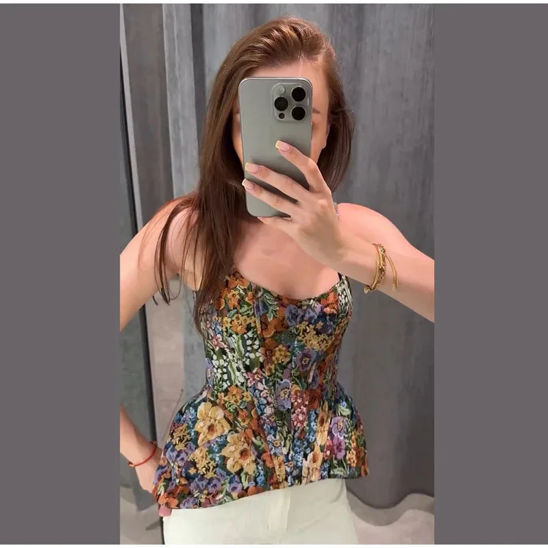 Sexy Print Flower Slim Sling Top Women Sleeveless Slip Backless Closed Waist Vest Female 2026 Fashion Summer Autumn Tops Lady