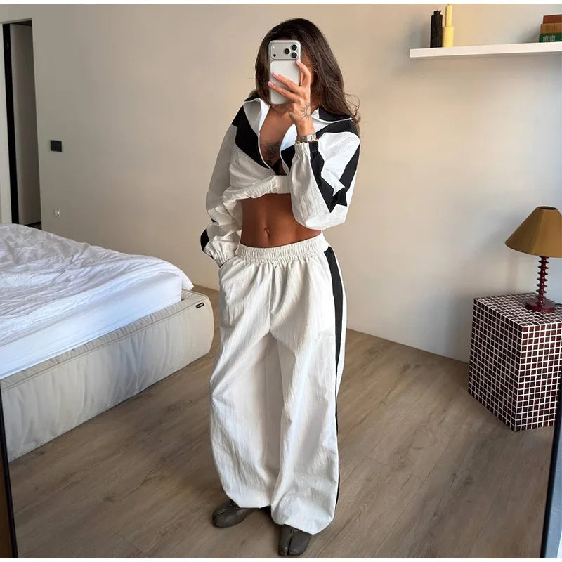 Fashion Color Block 2 Piece Tracksuit Women's Stand Collar Zip Lightweight Jacket Loose Mini Shorts 2026 New Lady Casual Outfit